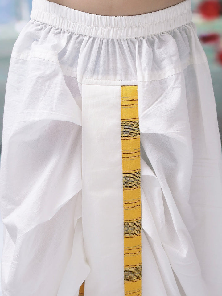 Yellow Ikat Nehru Jacket with Cotton Kurta Dhoti Set | SHOBITAM