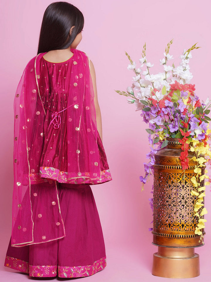 Chanderi Semi-Silk Sleeveless Floral & Zari Embrodiery Kurta Frock with Sharara and Dupatta - Hot Pink | SHOBITAM
