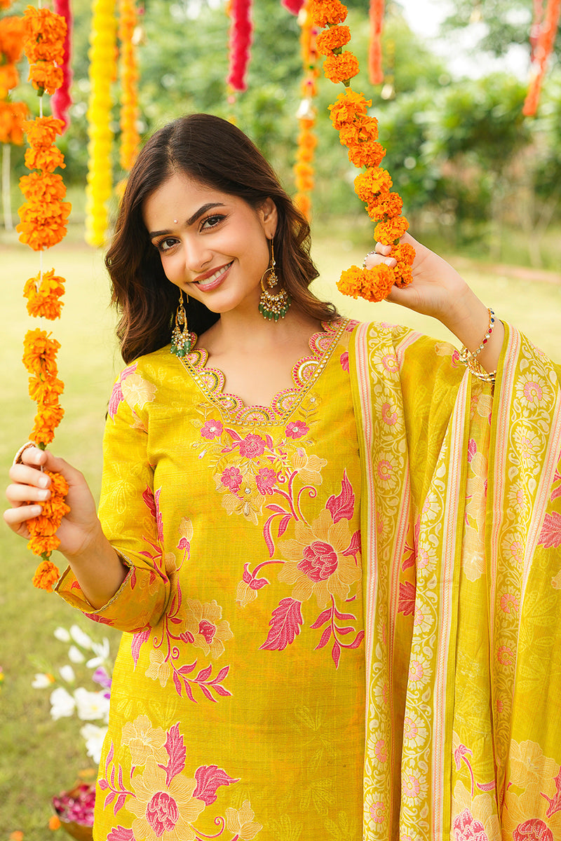 Yellow Viscose Rayon Floral Embroidered Straight Kurta Trousers With Dupatta | SHOBITAM