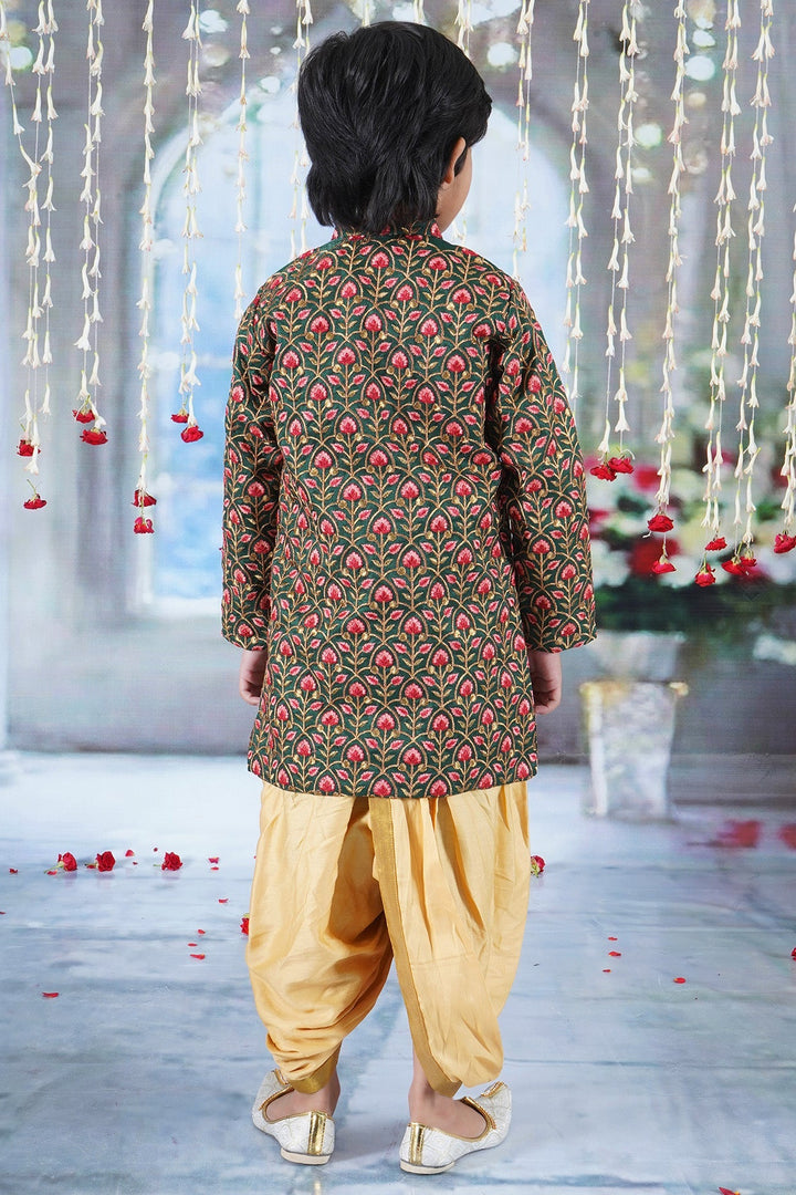 Boys Bageecha Floral Thread work Angrakha Sherwani with Beige Silk Dhoti in Green | SHOBITAM