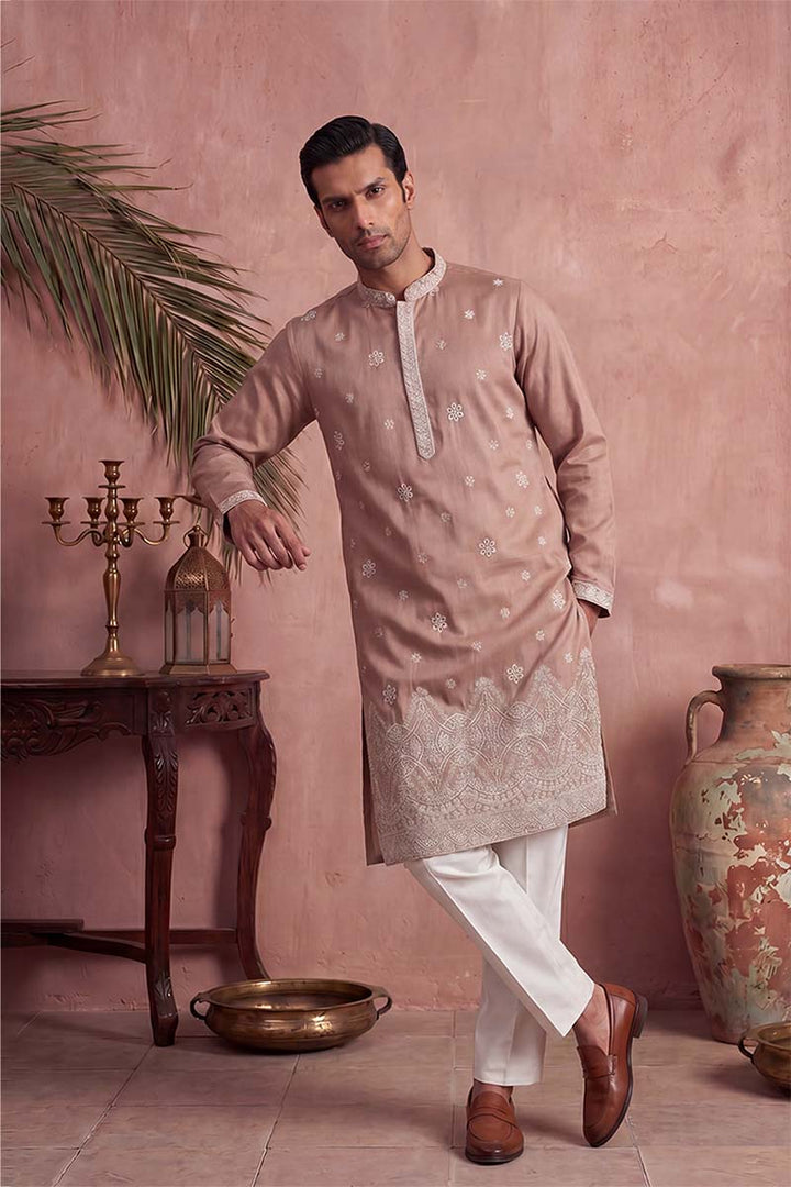 Mens Pink Silk Blend Solid Embroidered Kurta With Trousers | SHOBITAM
