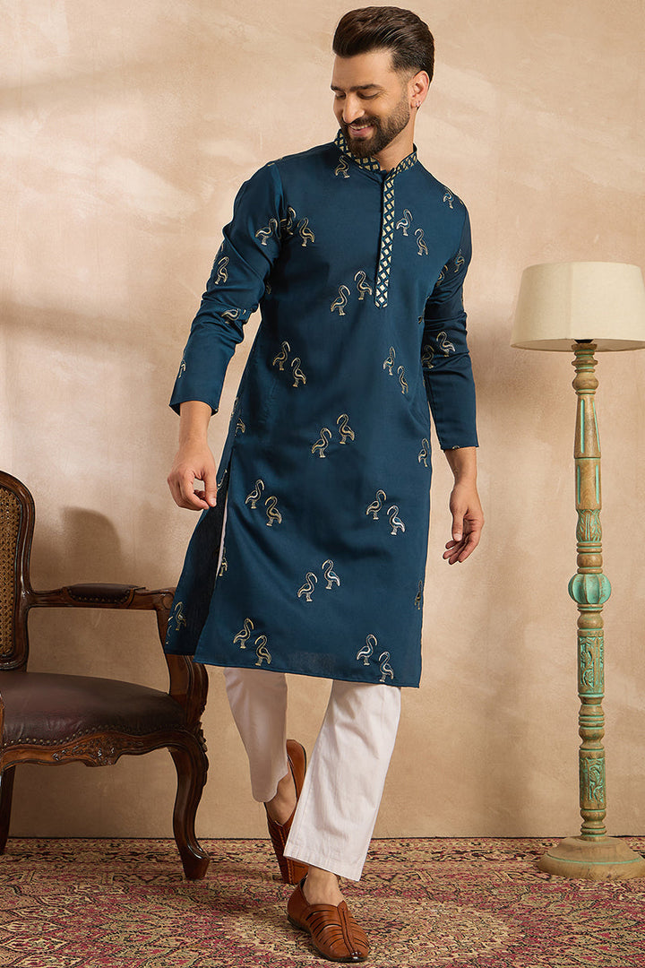 Navy Blue Silk Blend Solid Embroidered Straight Kurta | SHOBITAM