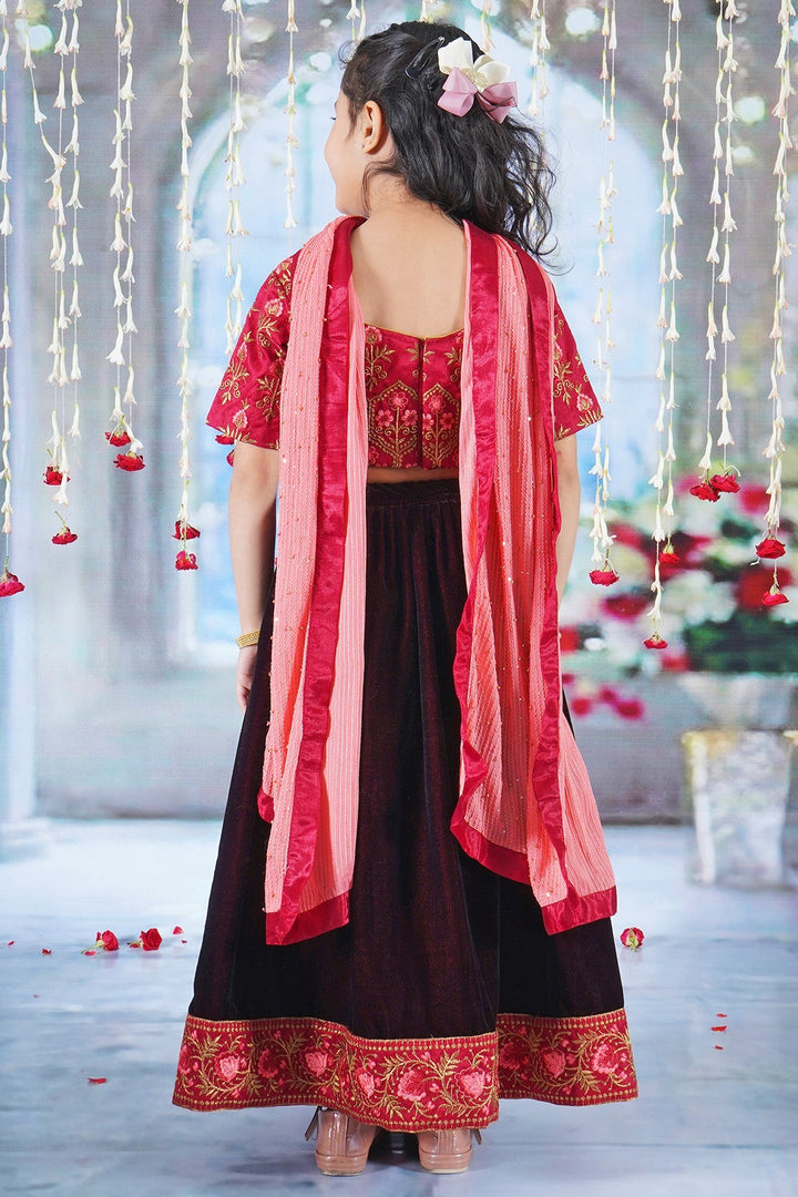 Girl Bageecha Floral Thread work Blouse with Velvet Lehenga and Sequin moti work Dupatta, accompanied with Hand made tassel and Ghungroo work in Cherry Red | SHOBITAM