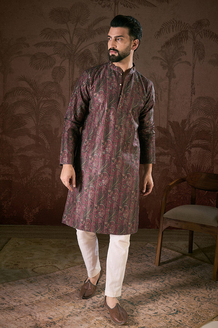 Purple Silk Blend Ethnic Motifs Printed Straight Kurta With Trouser | SHOBITAM