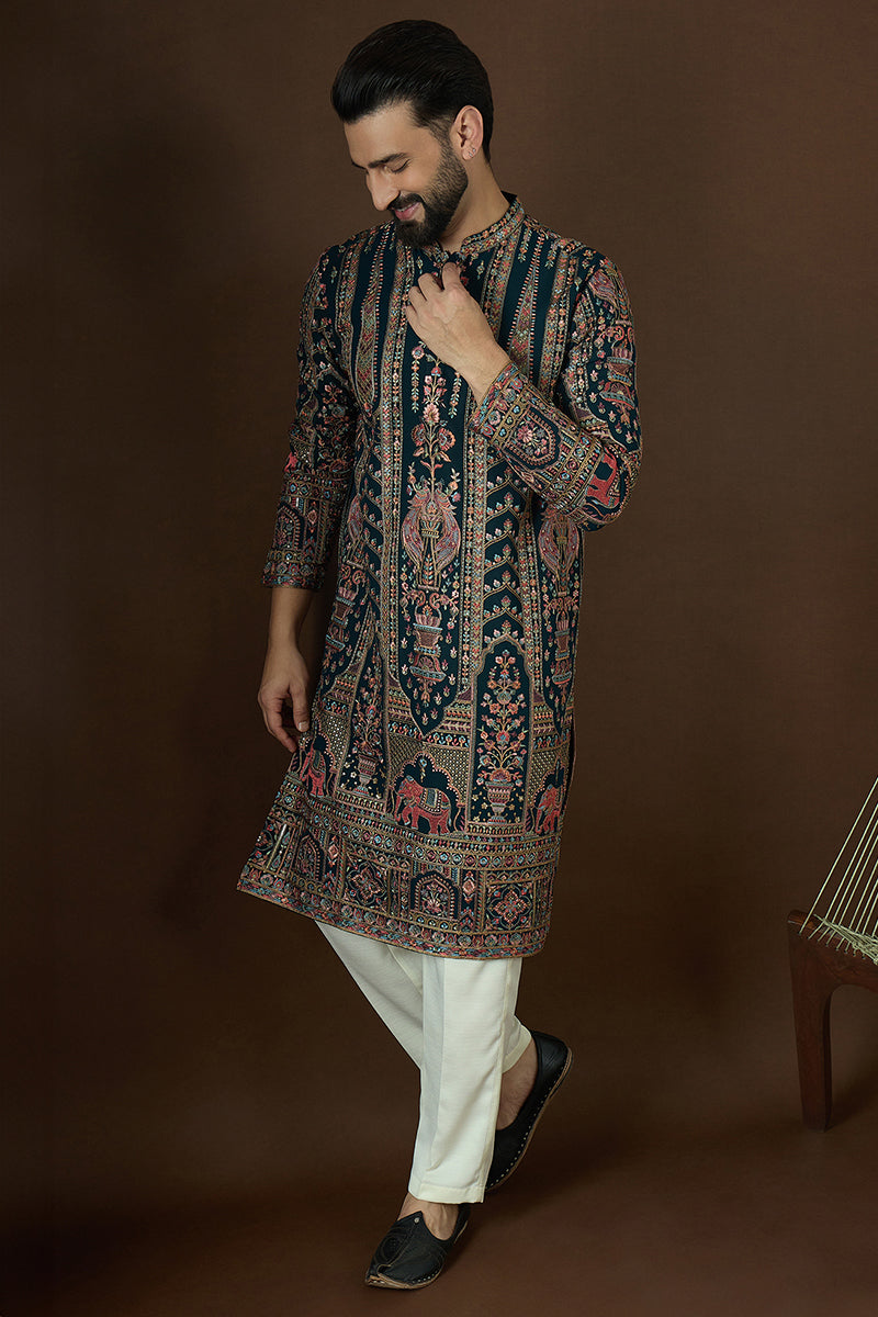Teal Georgette Solid Embroidered Straight Kurta | SHOBITAM