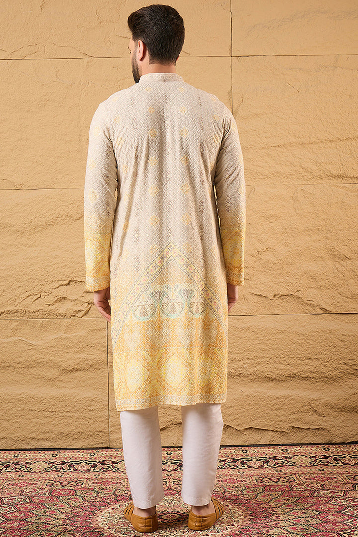 Yellow Viscose Rayon Ethnic Motifs Embroidered Straight Kurta with Trouser  | SHOBITAM