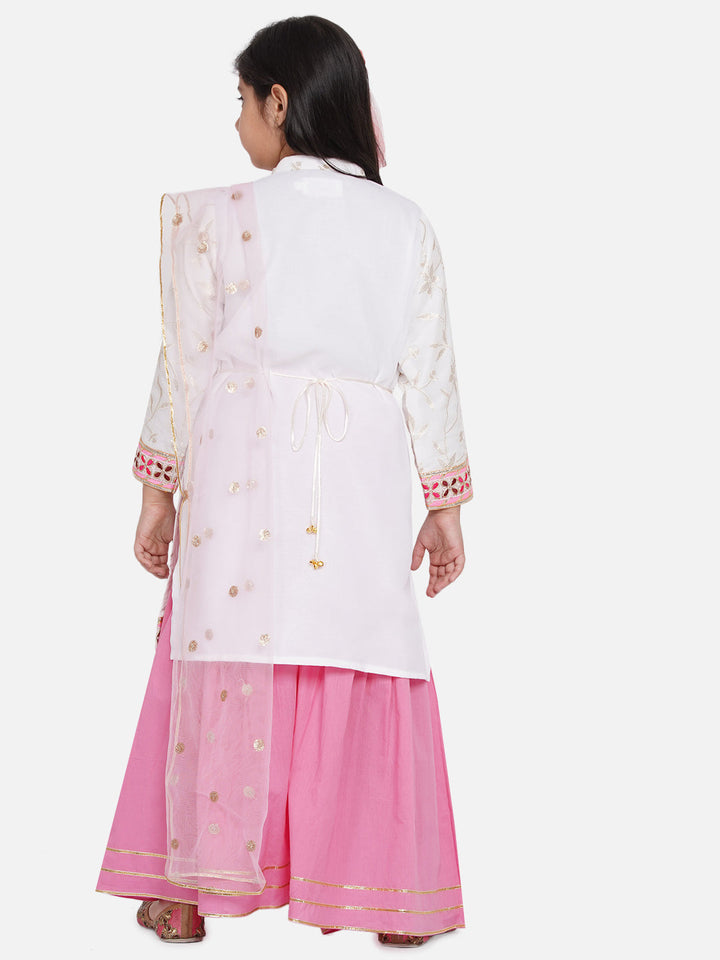 Girls Bengali Embroidery Lacework Kurta with Sharara & Dupatta in White & Pink |SHOBITAM