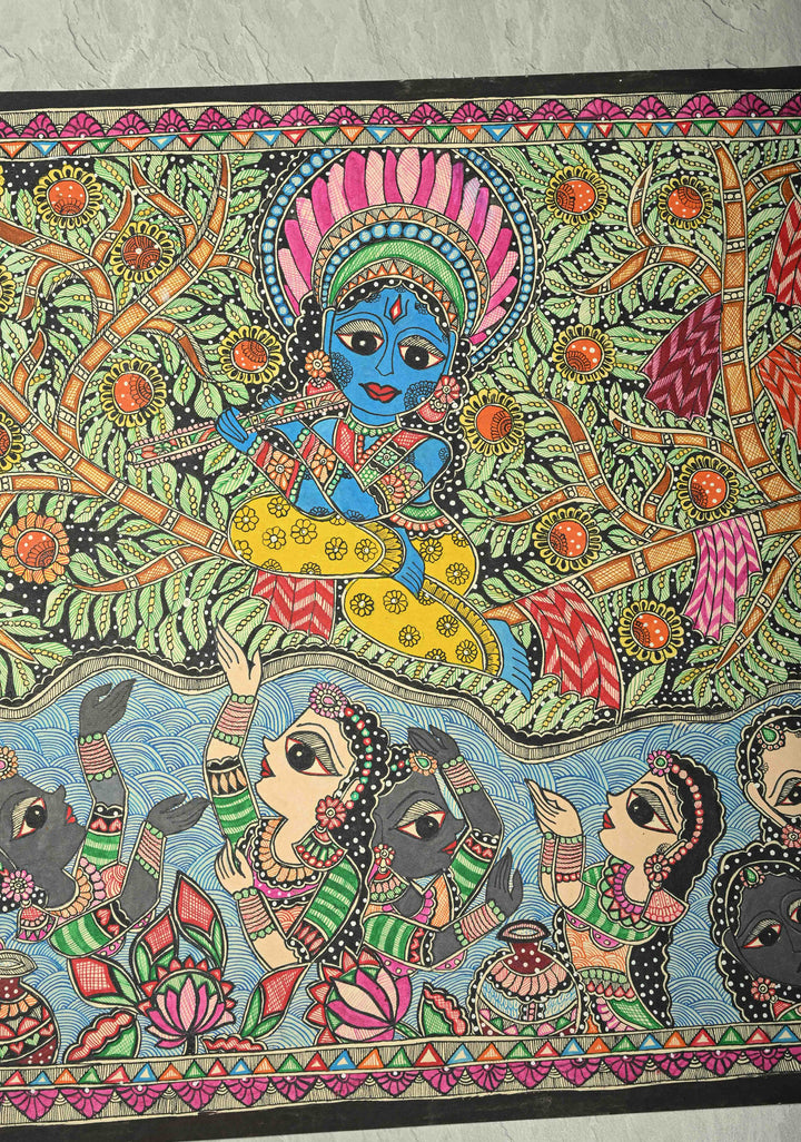 Krishna Leela Madhubani Hand Painting, Unframed, 30 x 22 | SHOBITAM