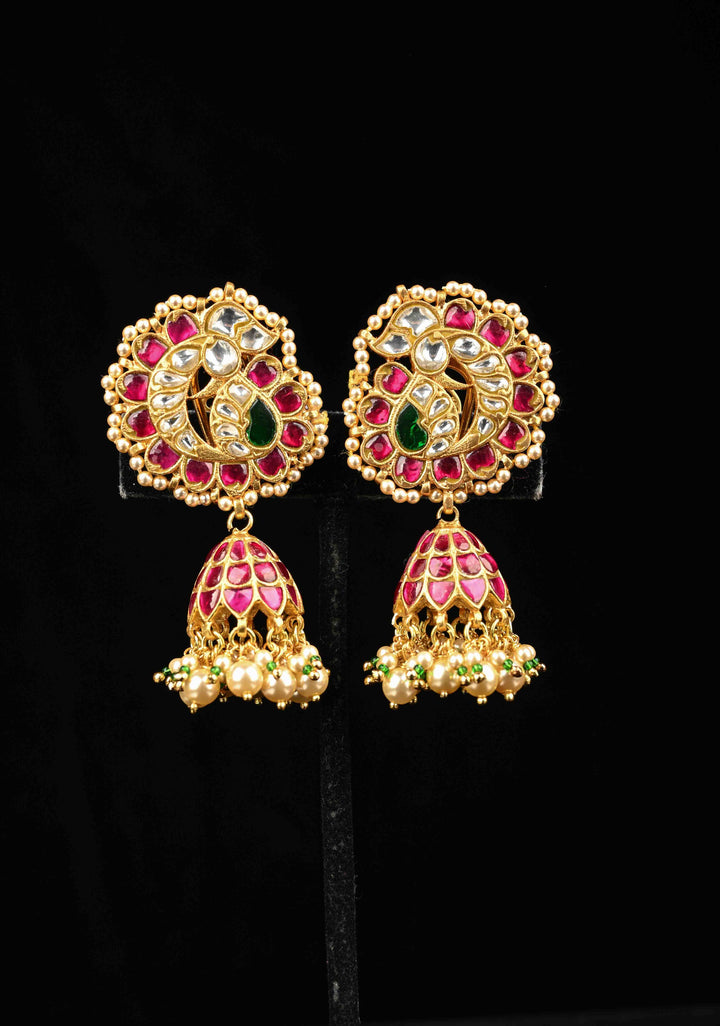 92.5 Pure Silver, 24 Ct Gold Plated Peacock Stud Jadau Jhumkas