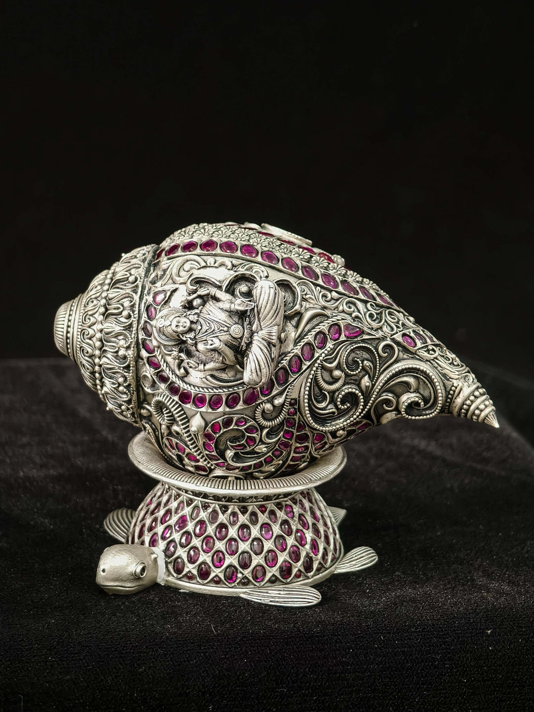 Pure 92.5 Silver Lakshmi Conch Shell with Turtle Stand, embellished with stones