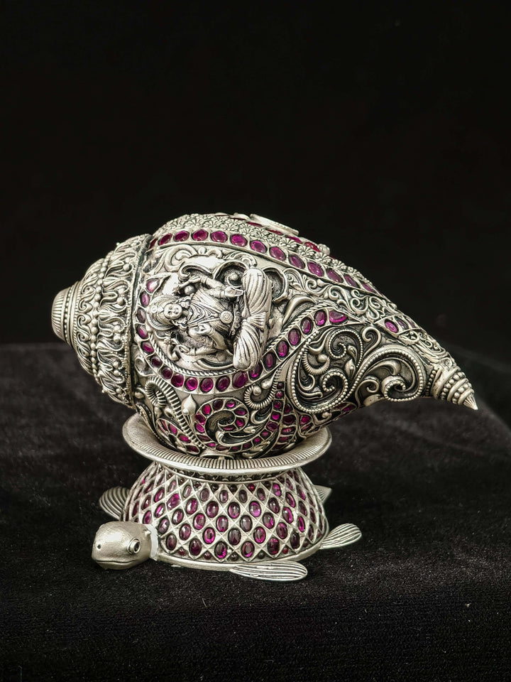 Pure 92.5 Silver Lakshmi Conch Shell with Turtle Stand, embellished with stones