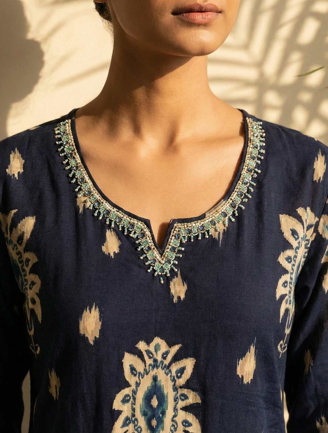 Blue Print Embroidered Round With V-Neck Kurta Pant Dupatta Set | SHOBITAM