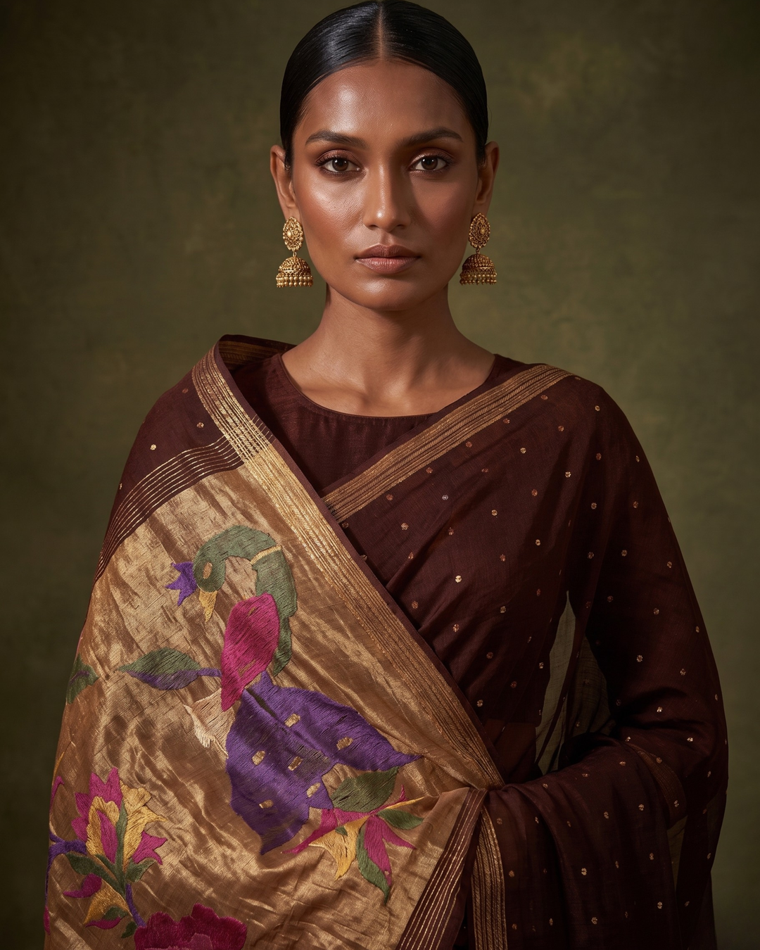 Handspun resham paithani silk saree in brown | SHOBITAM