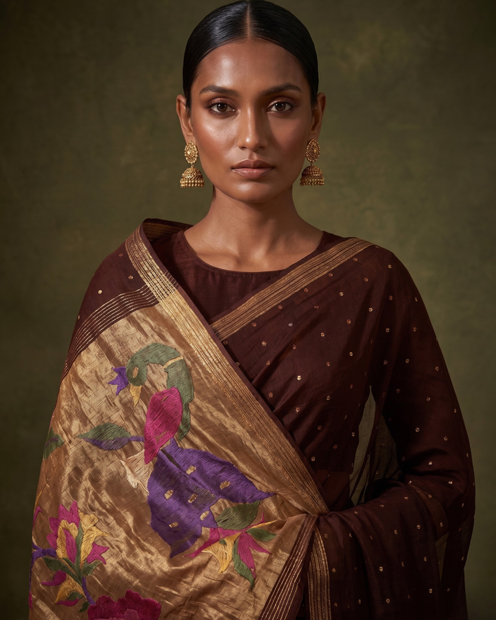 Handspun resham paithani silk saree in brown | SHOBITAM