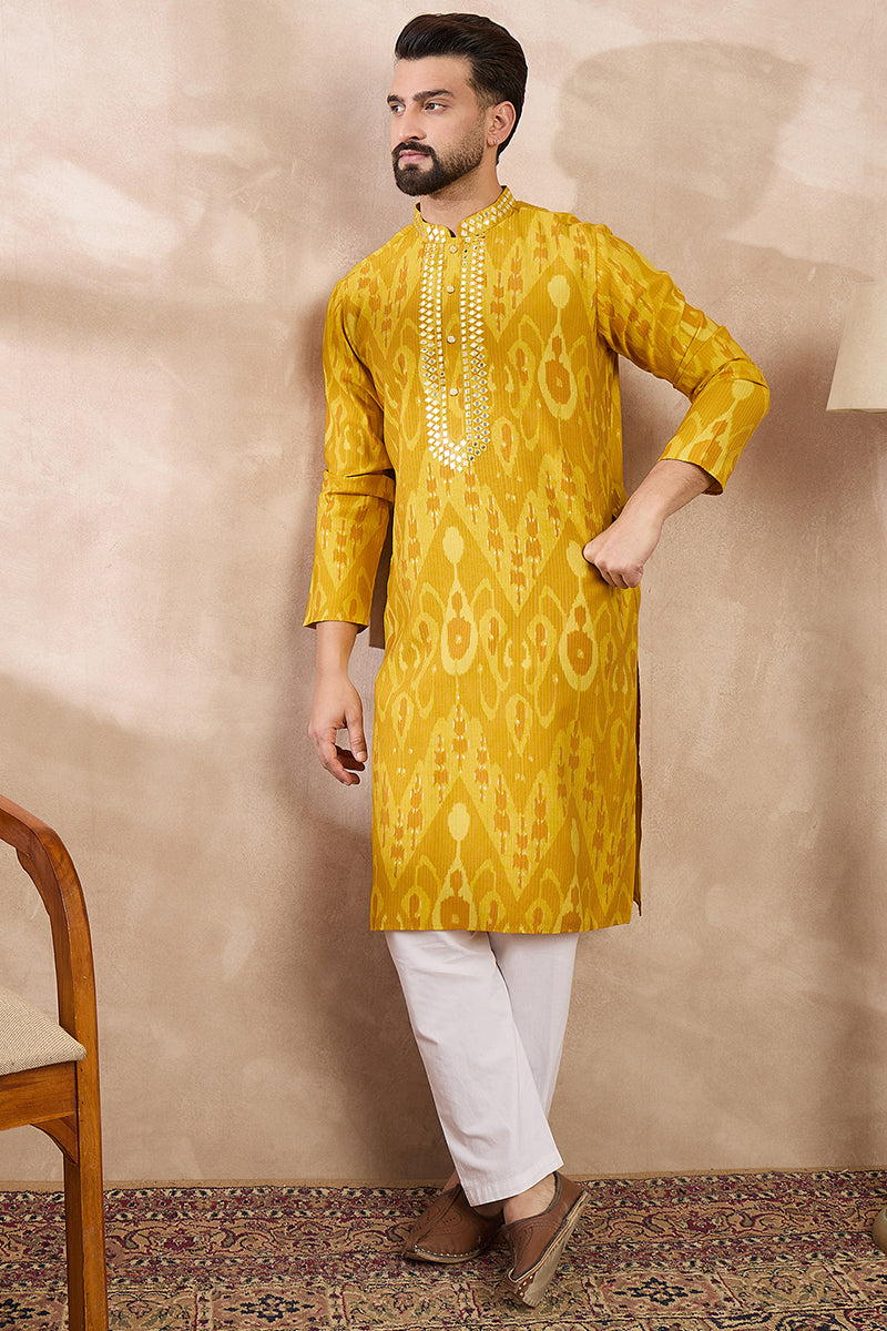 Yellow Viscose Rayon Chevron Printed Straight Kurta For Men | SHOBITAM