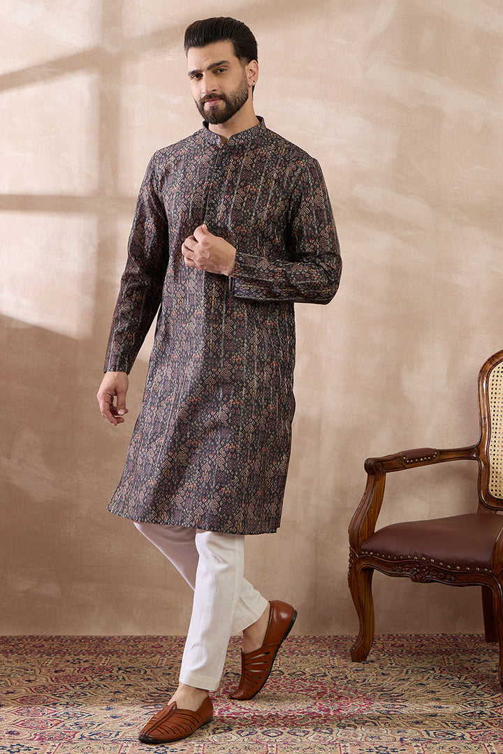 Black Silk Blend Printed Mandarin Collar Straight Kurta With Trouser | SHOBITAM