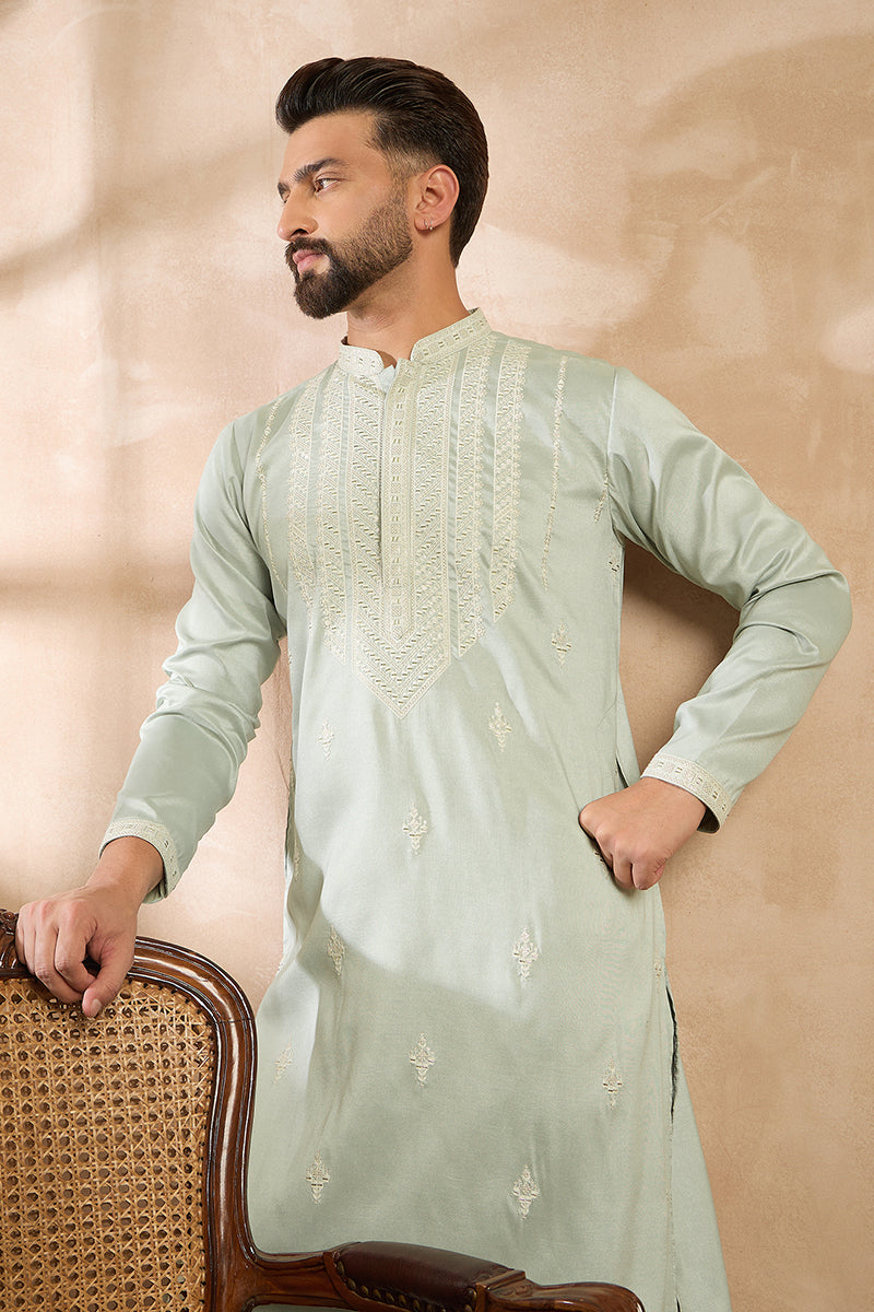Green Silk Blend Geometric Embroidered Straight Kurta | SHOBITAM