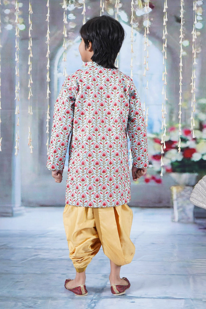 Boys Bageecha Floral Thread work Angrakha Sherwani with Beige Silk Dhoti | SHOBITAM