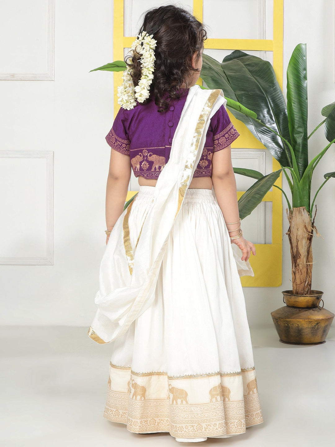 Cream Elephant Zari Embroidery Chanderi Cotton Lehenga with Stitched Purple blouse Set | SHOBITAM