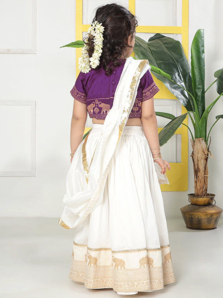 Cream Elephant Zari Embroidery Chanderi Cotton Lehenga with Stitched Purple blouse Set | SHOBITAM