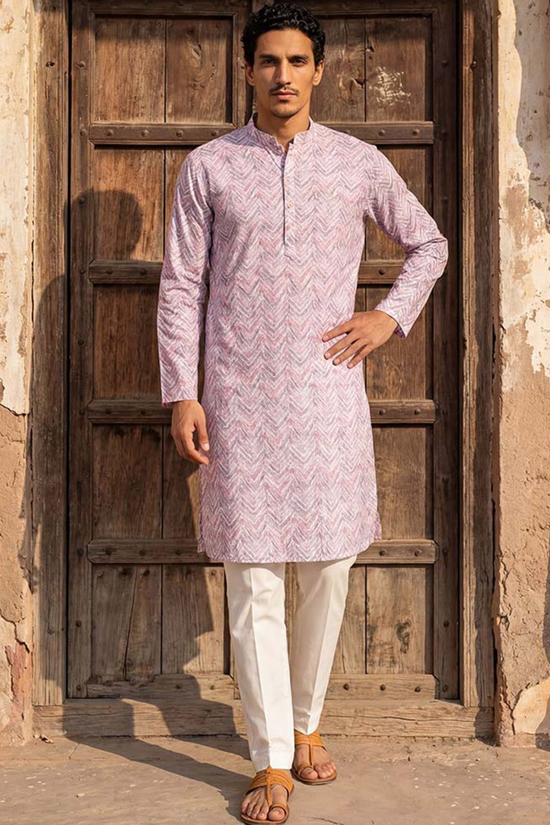 Lavender Linen Printed Straight Kurta With Trousers | SHOBITAM