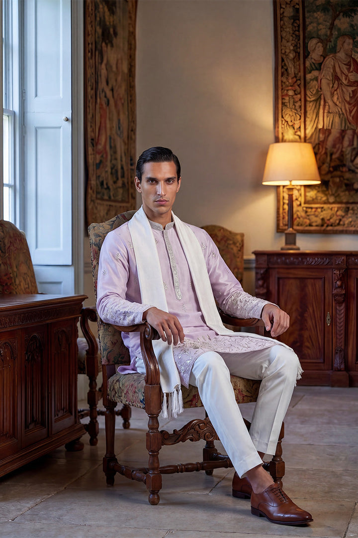 Men Lavender Silk Blend Floral Embroidered Straight Kurta Sets | SHOBITAM