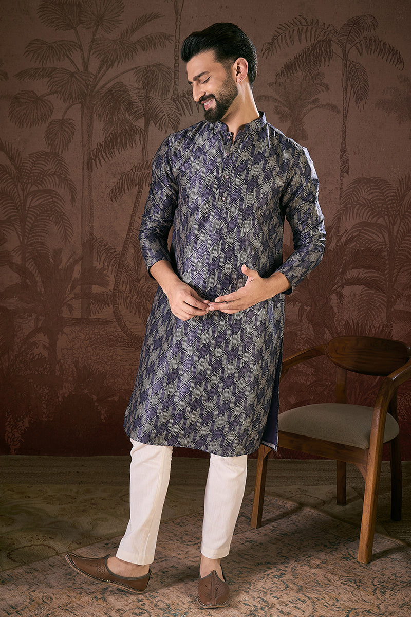 Violet Silk Blend Chevron Printed Straight Kurta For Men | SHOBITAM