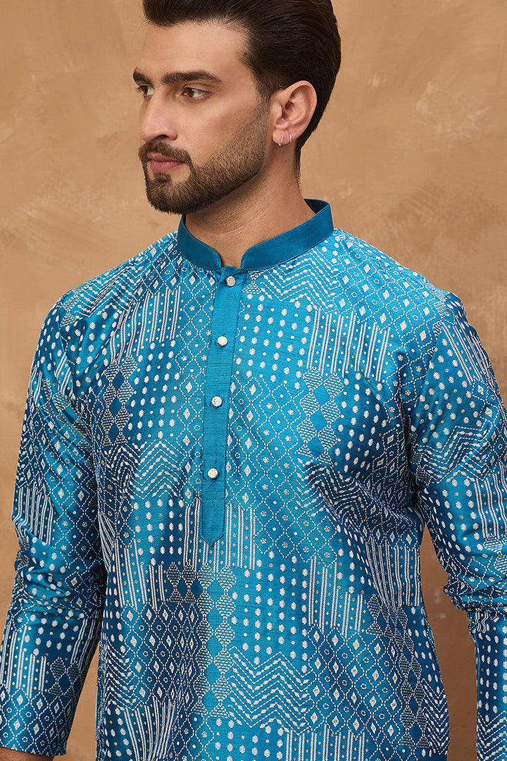Blue Silk Blend Geometric Printed Straight Kurta  | SHOBITAM