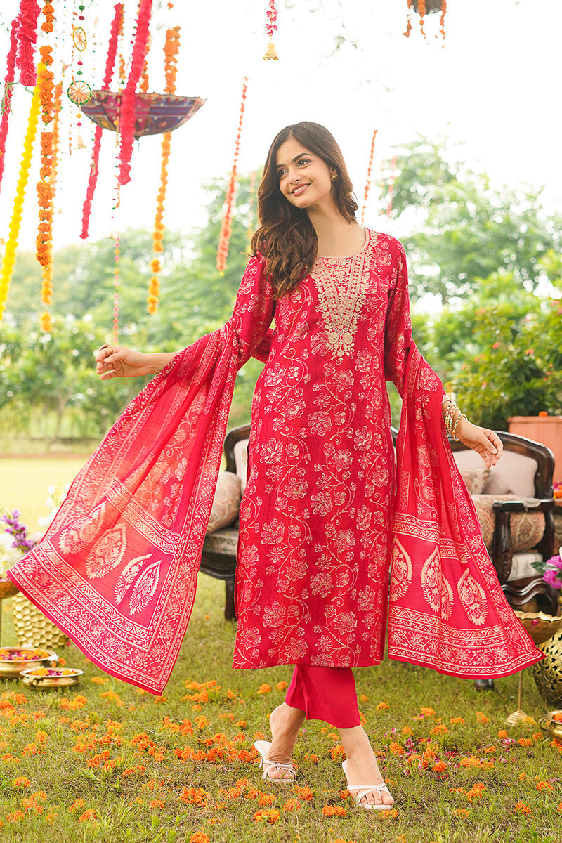 Red Viscose Rayon Floral Embroidered Straight Kurta Trousers With Dupatta | SHOBITAM