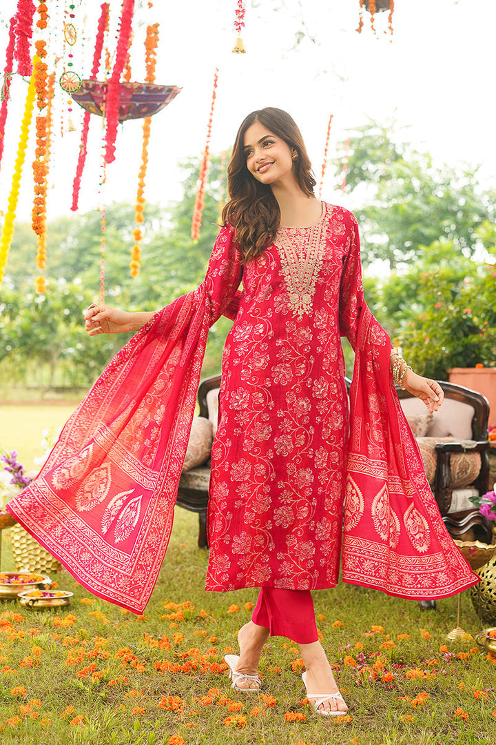 Red Viscose Rayon Floral Embroidered Straight Kurta Trousers With Dupatta | SHOBITAM