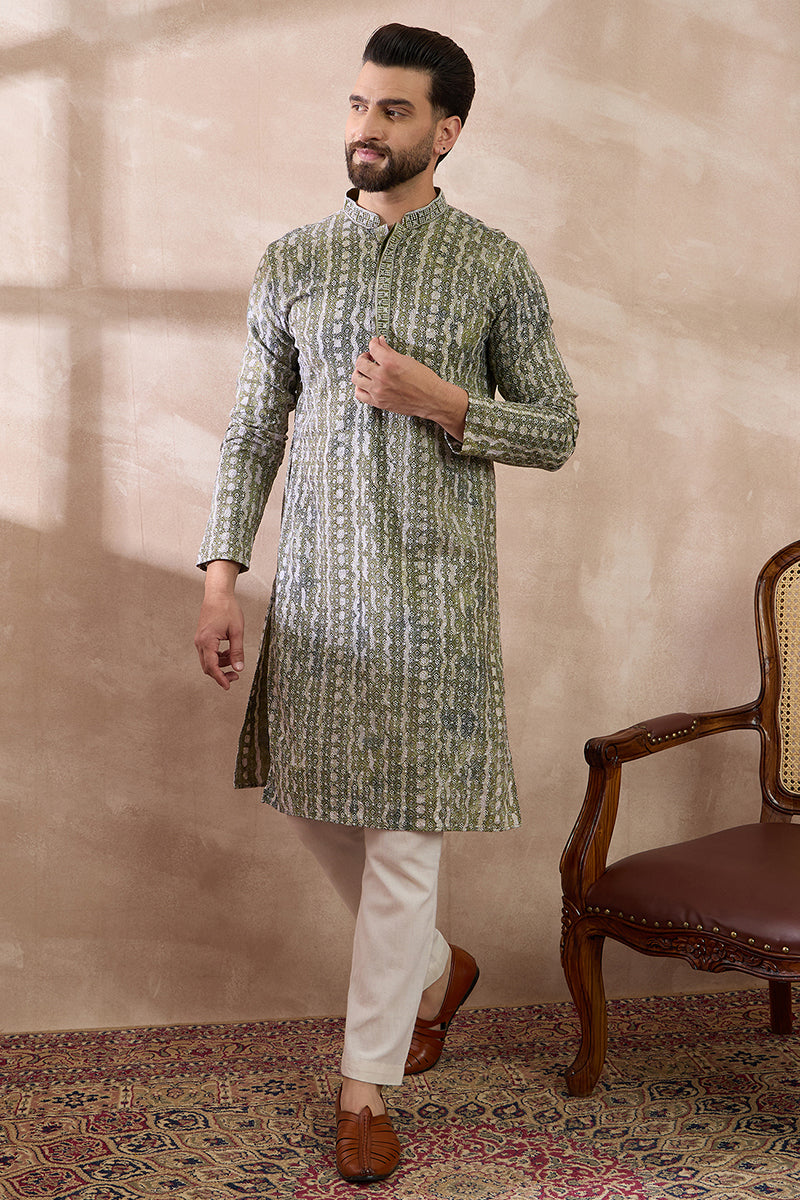 Green Silk Blend Printed Mandarin Collar Straight Kurta With Trouser | SHOBITAM