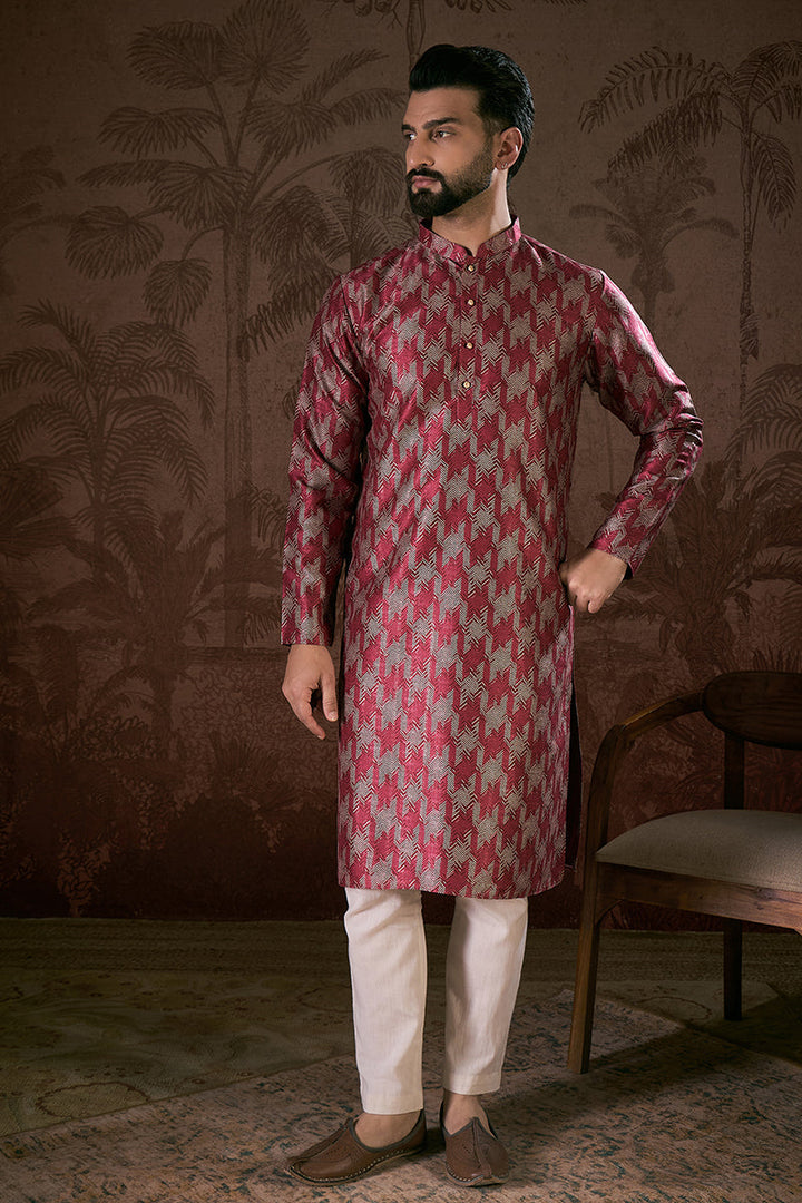 Maroon Silk Blend Chevron Printed Straight Kurta For Men | SHOBITAM