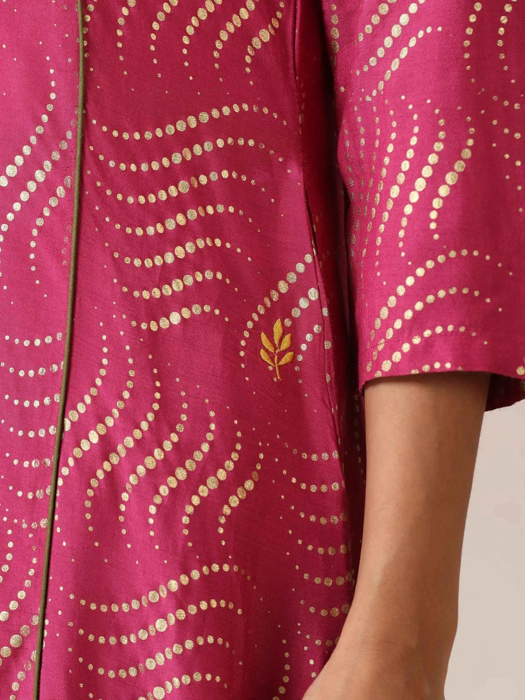 Pink Gold Foil Print Muslin Silk A-line Kurta Set | SHOBITAM