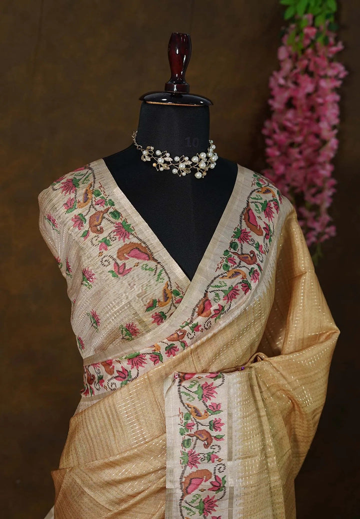 Semi Tussar Sandal Brown Saree with Zari stripes and details| SHOBITAM