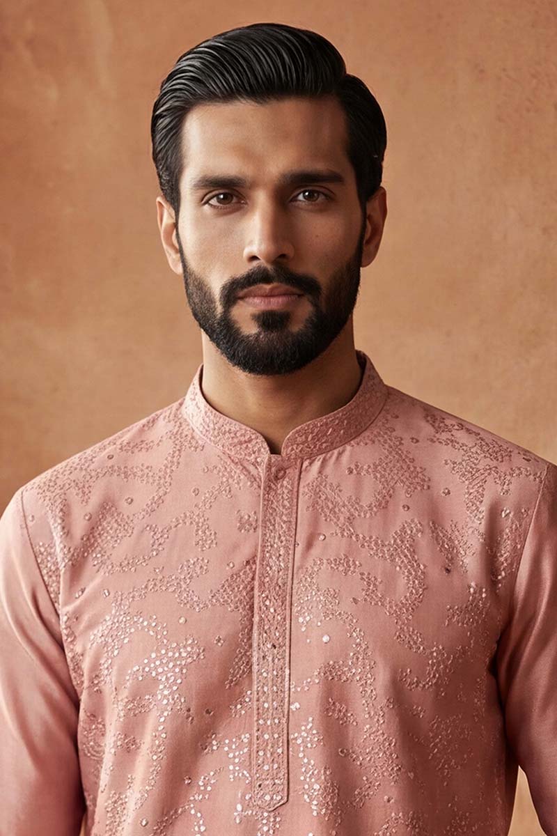 Silk Blend Peach Solid Embroidered Calf Length Straight Kurta | SHOBITAM