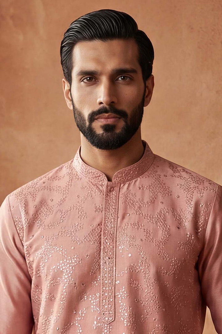 Silk Blend Peach Solid Embroidered Calf Length Straight Kurta | SHOBITAM