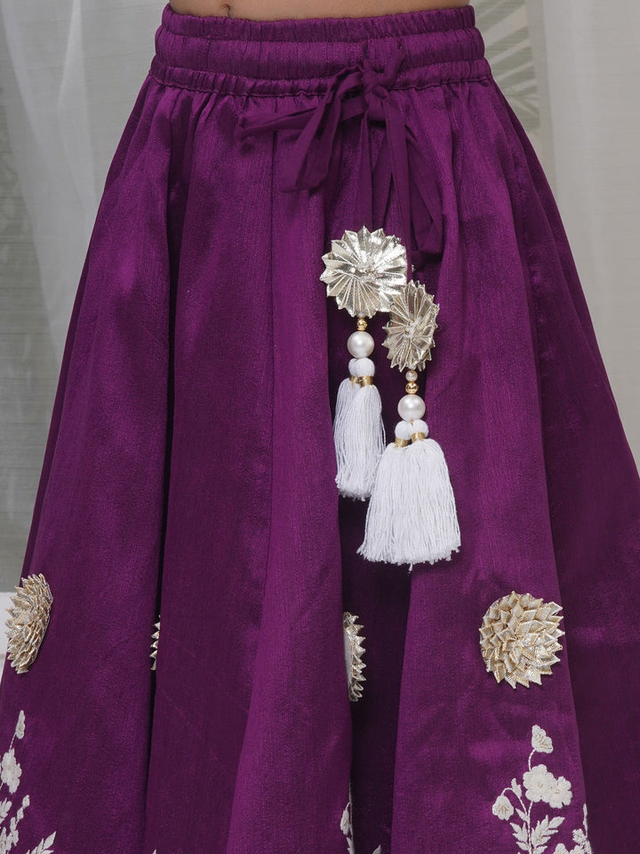 Girls Silk Brocade Kali Work Lehenga with Floral Thread Work & Sequin work Sleeveless Blouse with Dupatta - Purple | SHOBITAM