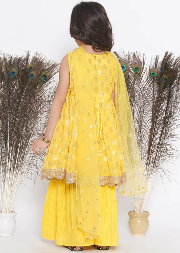 Banarsi Floral Frock Style Kurta with Gold Strip Sharara & Dupatta -Haldi Yellow | SHOBITAM
