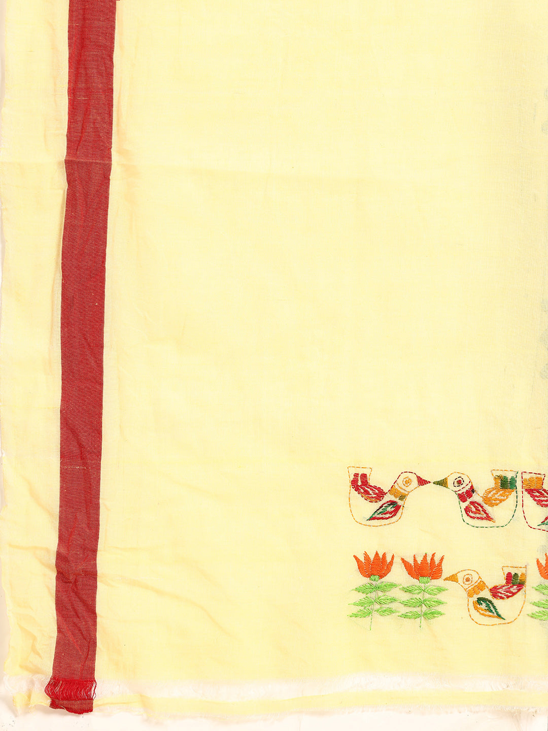 Yellow Red Kantha Stitch Handloom Cotton Saree with Blouse Piece | SHOBITAM