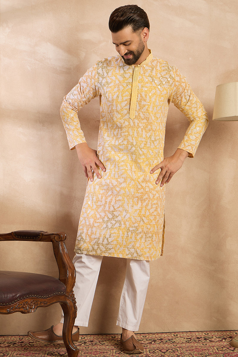 Yellow Viscose Rayon Printed Mandarin Collar Straight Kurta | SHOBITAM