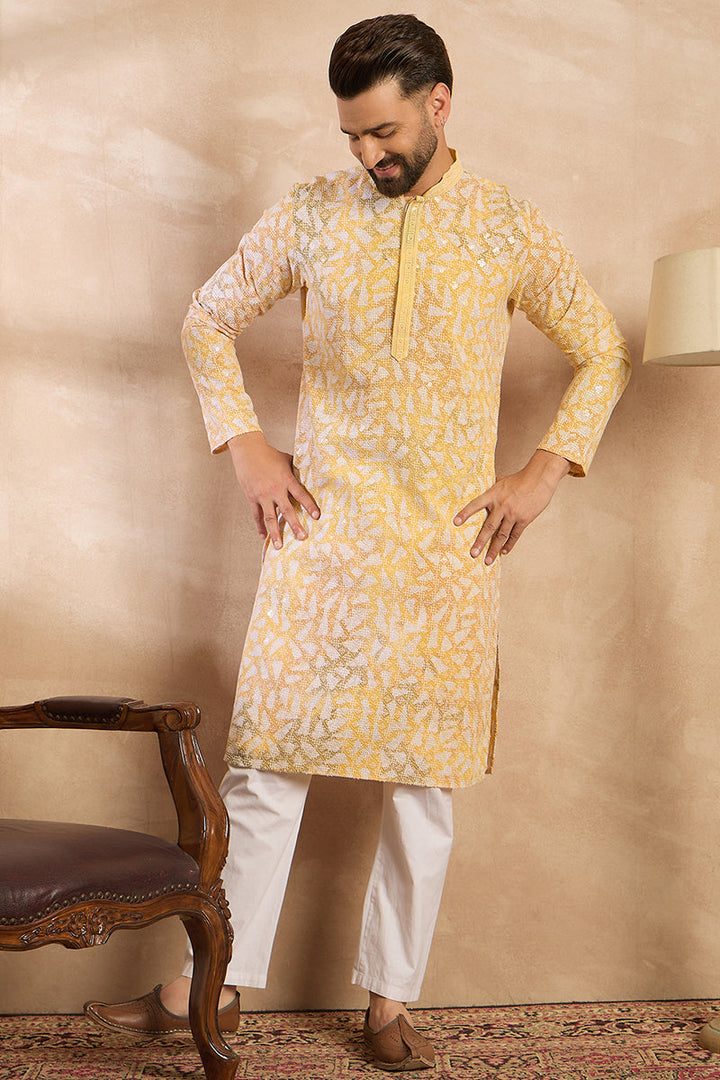 Yellow Viscose Rayon Printed Mandarin Collar Straight Kurta | SHOBITAM