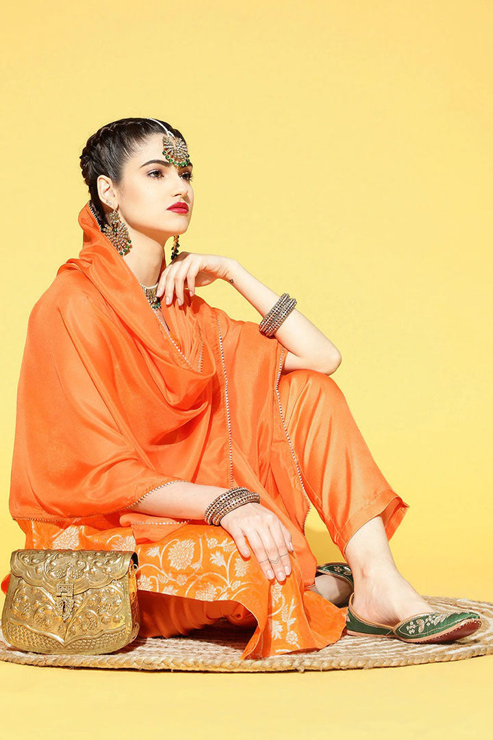 Orange Floral Cotton Kurta, Trouser Dupatta Set | SHOBITAM