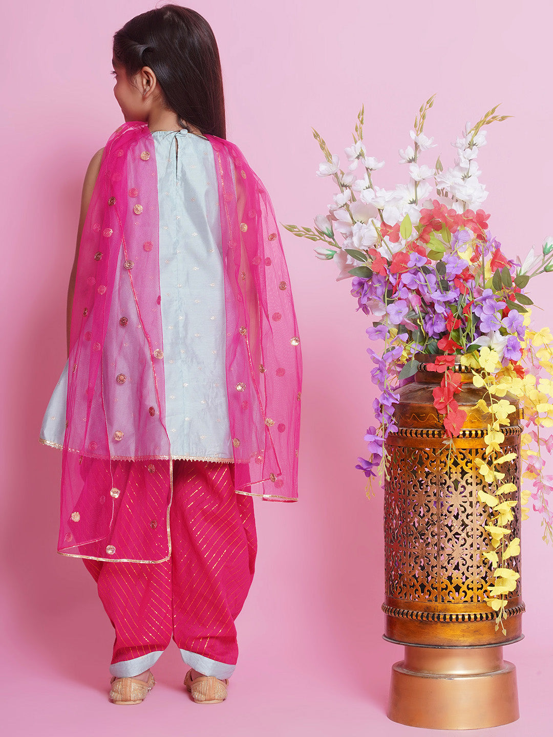 Girls Cotton Silk Sleeveless Kurta with Dhoti Salwar and Dupatta with Floral Embroidery - Dolphin Green | SHOBITAM