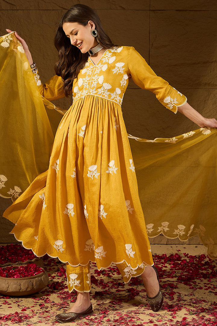 Yellow Silk Blend Solid Embroidered A-Line Kurta Trouser With Dupatta | SHOBITAM