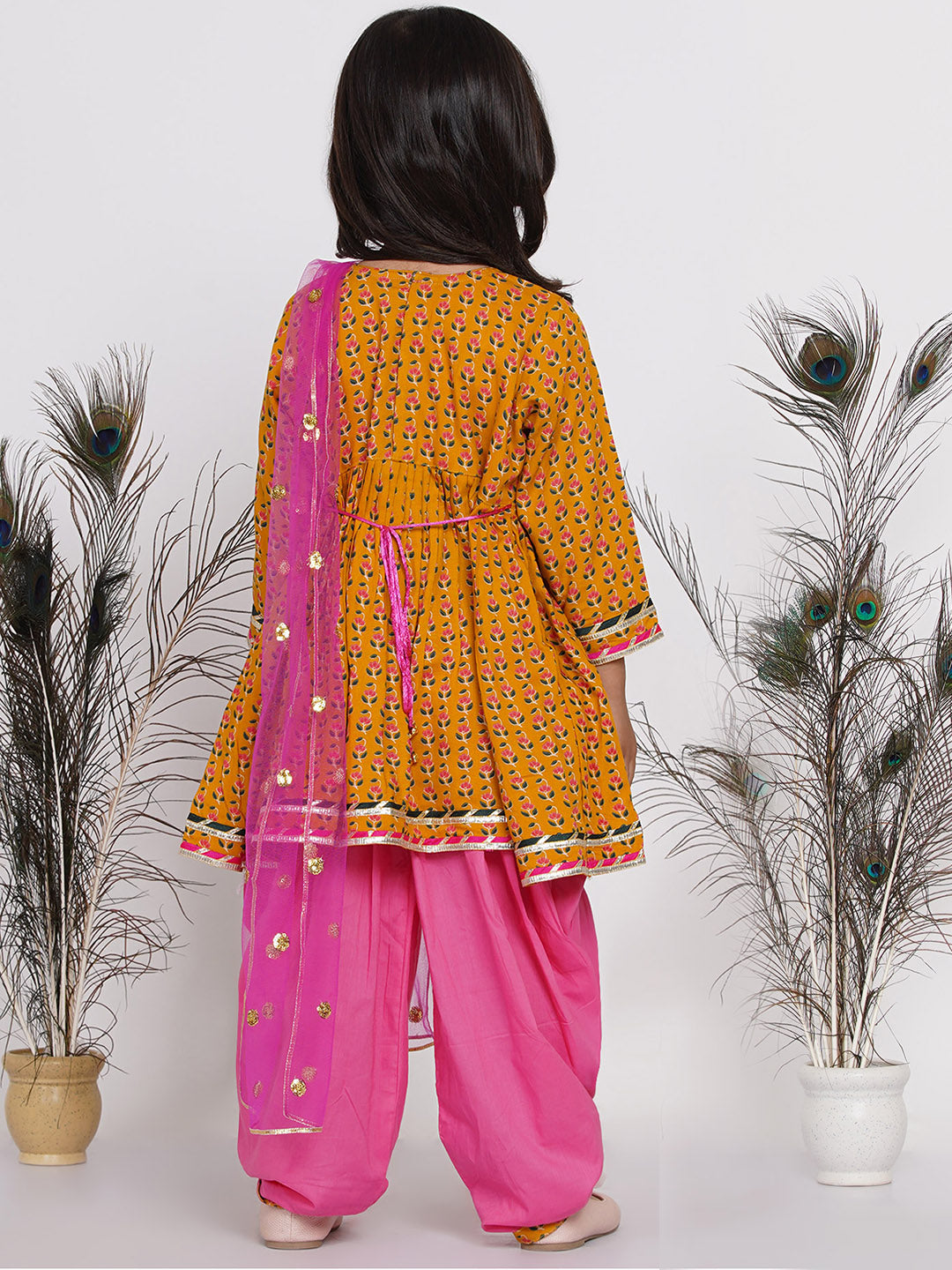 Girls Jaipuri Print Kurta Frock with Salwar in Yellow & Pink