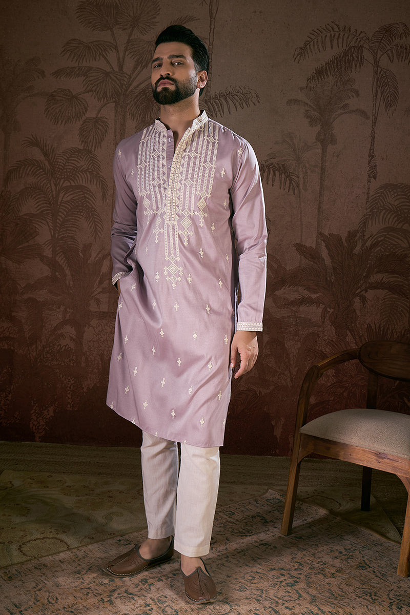 Lavender Silk Blend Solid Embroidered Straight Kurta With Trouser | SHOBITAM