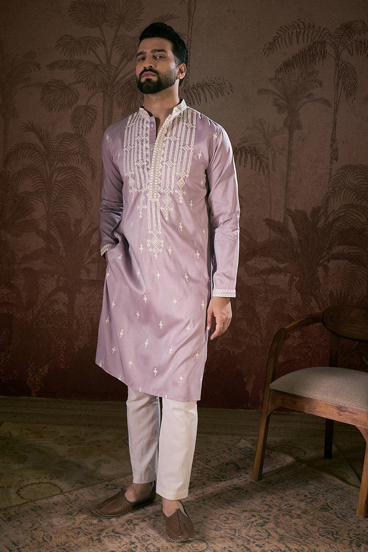 Lavender Silk Blend Solid Embroidered Straight Kurta With Trouser | SHOBITAM