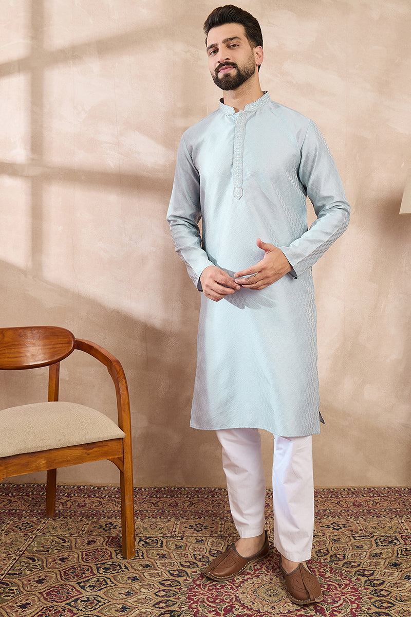 Blue Silk Blend Solid Woven Design Straight Kurta For Men | SHOBITAM