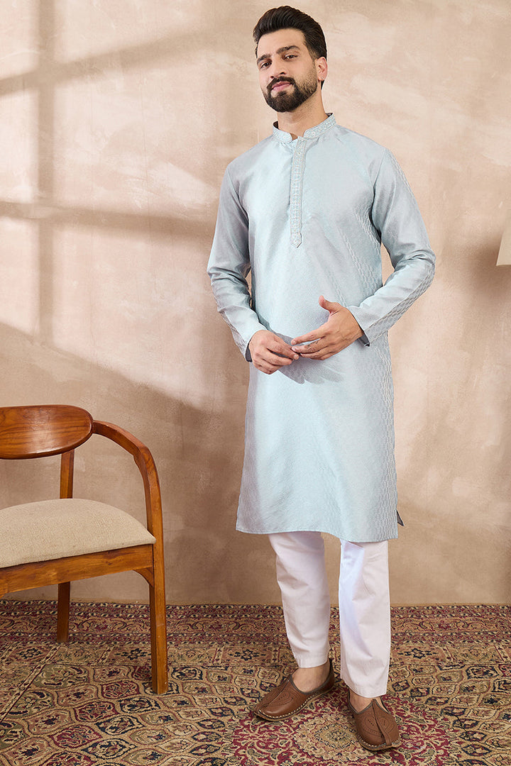 Blue Silk Blend Solid Woven Design Straight Kurta For Men | SHOBITAM