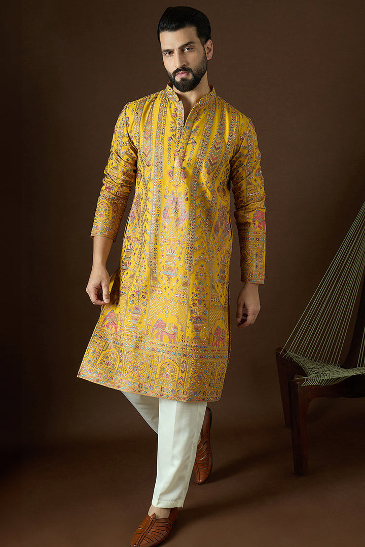 Yellow Georgette Solid Embroidered Straight Kurta| SHOBITAM